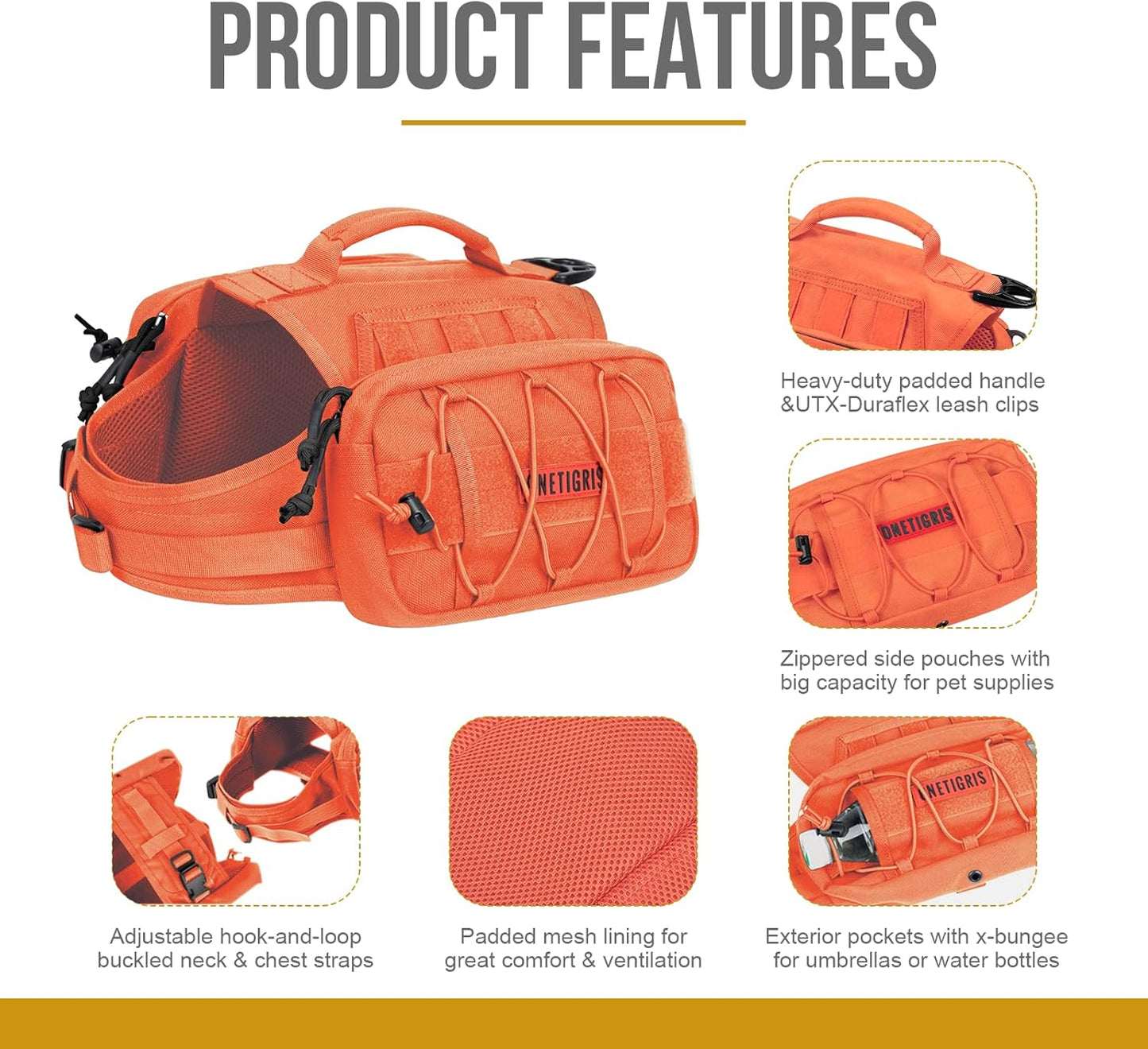 ONETIGRIS Dog Backpack MAMMOTH for Medium & Large Dogs, Nylon Backpack for Dogs Tactical Pet Backpack with Side Pockets for Hiking Walking Training Running