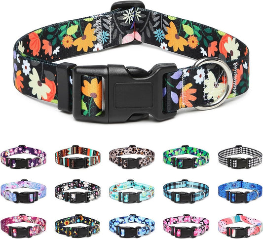 Mercano Adjustable Dog Collar - Special Design Patterns, Soft Nylon Comfortable Durable Pet Collar for Small Medium Large Dogs (M, Floral Orange)