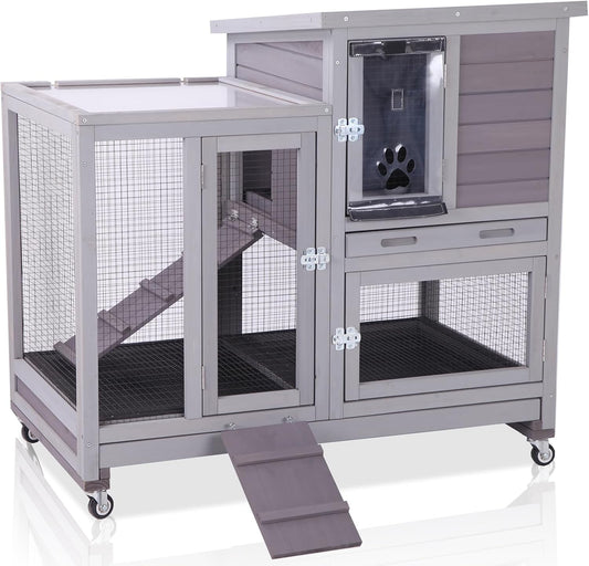 GUTINNEEN Two-Story Rabbit Hutch Large Bunny Cage with Wire Mesh Floor, Leak-Proof Trays, Lockable Wheels for Indoor and Outdoor Use, 40.6" L x 26" W x 37.6" H