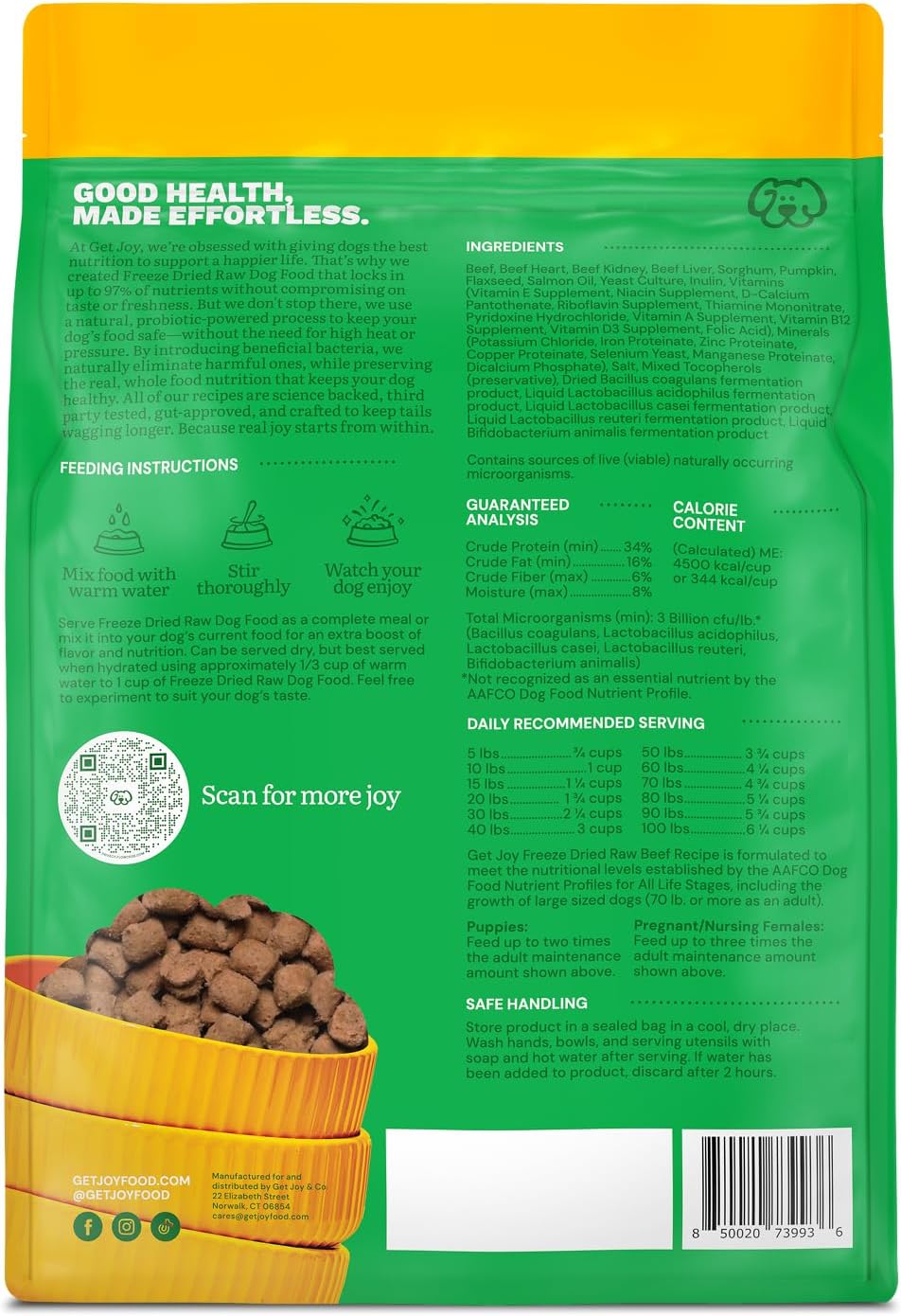 Get Joy Gut Health Fresh Freeze Dried Raw Meal, Beef Recipe, 16 Ounce Bag, Dog Food for Dogs of All Breeds and Life Stages, PhD Animal Nutritionist Formulated, USDA Beef, Made in USA