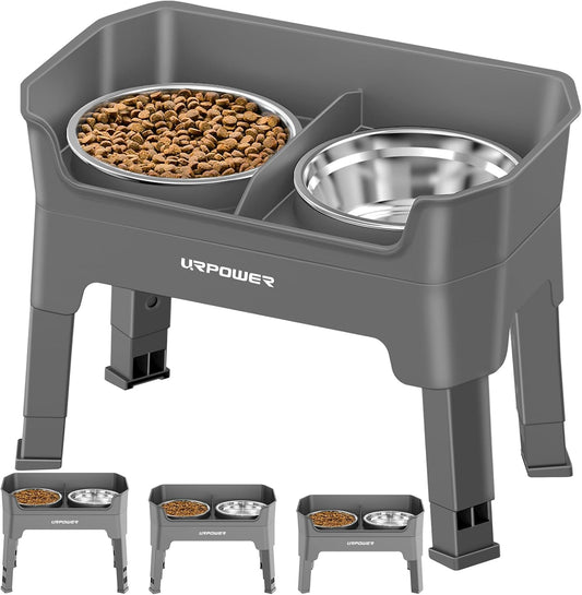 URPOWER 3-in-1 Elevated Dog Bowls - Mess Proof Double Deck 4 Height Adjustable Raised Stand with 2 Stainless Steel Food Bowls & Licking Plate for Small, Medium & Large Dogs