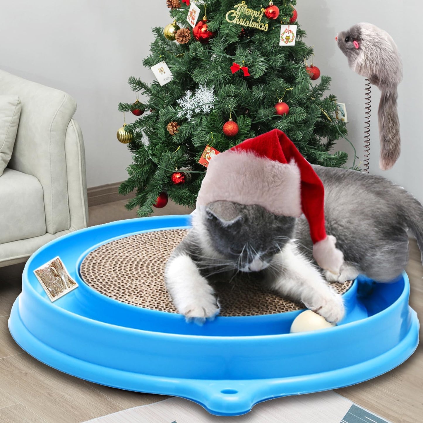 AUOON Cat Scratcher Toy - Cat Scratch Pad with Cat Toy Ball Track and Plush Mouse Toy for Indoor Cats and Kittens (Blue)