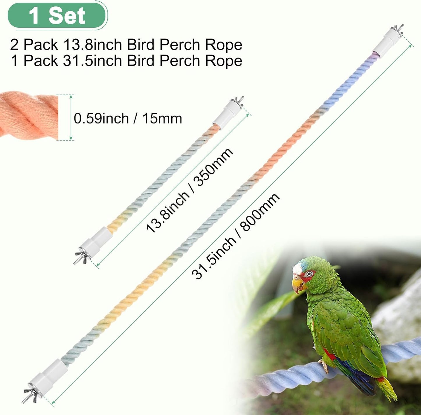 1-Set Rope Perches for Bird Cages, 13.8 & 31.5 in Length Comfort Grip Flexible Rope Perch Beak & Paw Grinding for Parrots/Cockatiels/Parakeets, Bird Platform Sand [Pink Blue]