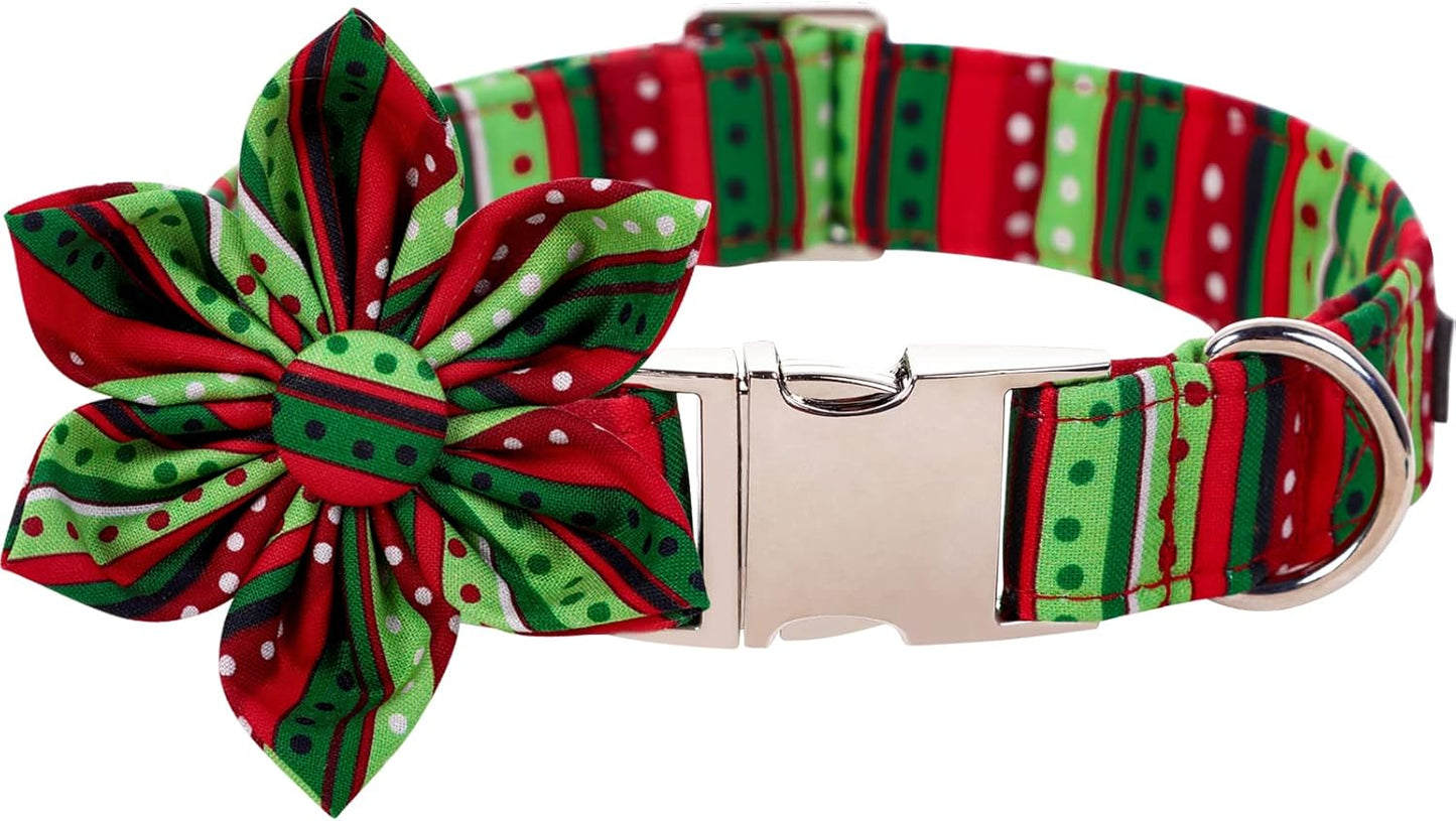 Lionet Paws Christmas Dog Collar with Flower, Dog Flower Collar with Metal Buckle for Dogs and Cats, Adjustable Comfortable Dog Collar Girl Gift, XS, Neck 8-12 in