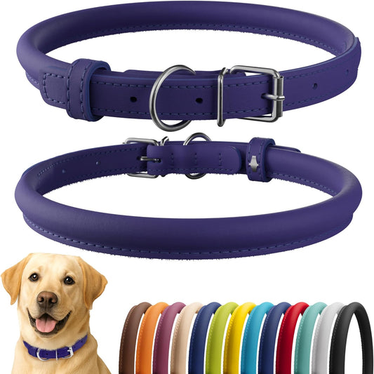 CollarDirect Rolled Leather Dog Collar, Soft Padded Round Puppy Collar, Handmade Genuine Leather Collar Dog Small Large Cat Collars 13 Colors (18-22 Inch, Purple Smooth)