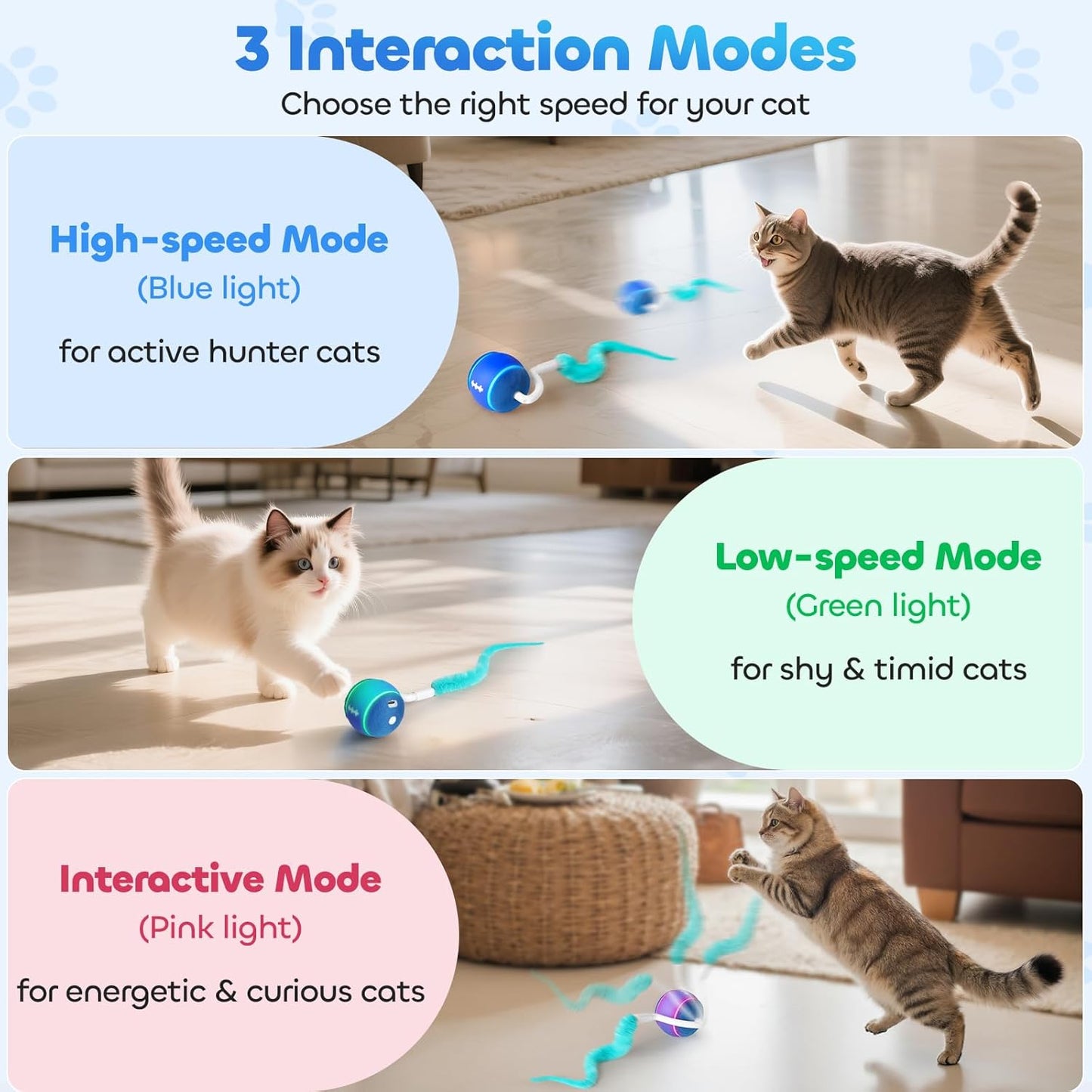 Interactive Cat Toy Ball, Automatic Cat Toys for Indoor Cats, Motion Activated Kitten Toys with 2 Replacement Tails, 3 Modes, USB Rechargeable, Moving Cat Toys for Enrichment Exercise(Blue)