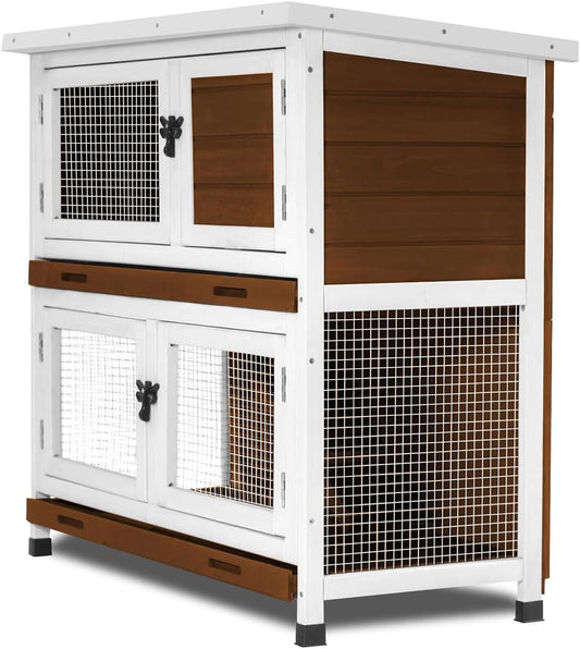 2 Story Rabbit Hutch, Indoor Outdoor Bunny Hutch Solid Wood Rabbit Cage with Removable Trays, Waterproof Asphalt Roofs and Ventilation Door, Small Animal House for Rabbit Guinea Pig Ferret, Walnut