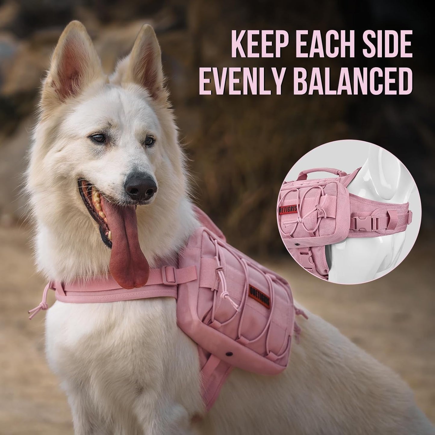 ONETIGRIS Dog Backpack for Medium & Large Dogs, Nylon Backpack for Dogs Tactical Pet Backpack with Side Pockets for Hiking Walking Training Running (Pink, Medium)