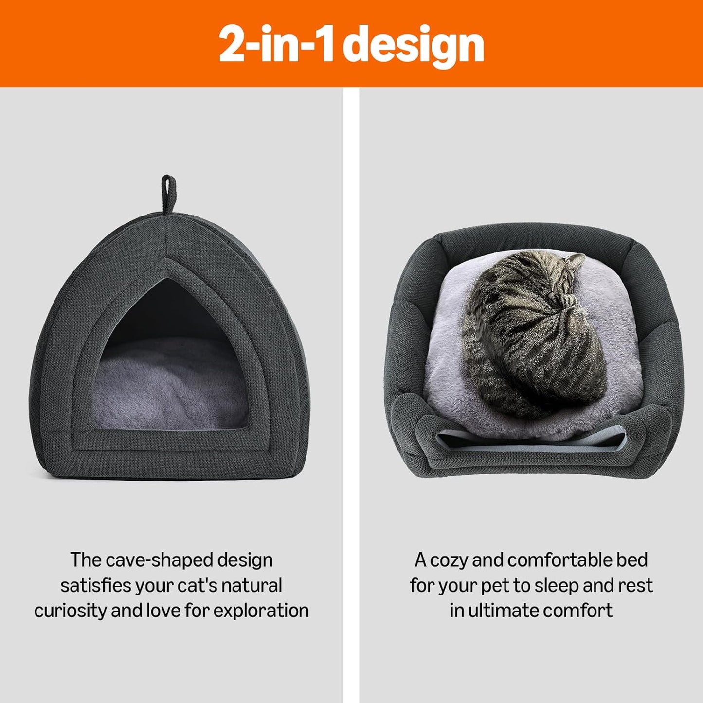 Amazon Basics Cat Cave Bed, 2-in-1 Foldable House for Indoor Cats, with Washable Cushion and Non-Slip Base, 15 x 15 Inches, Small