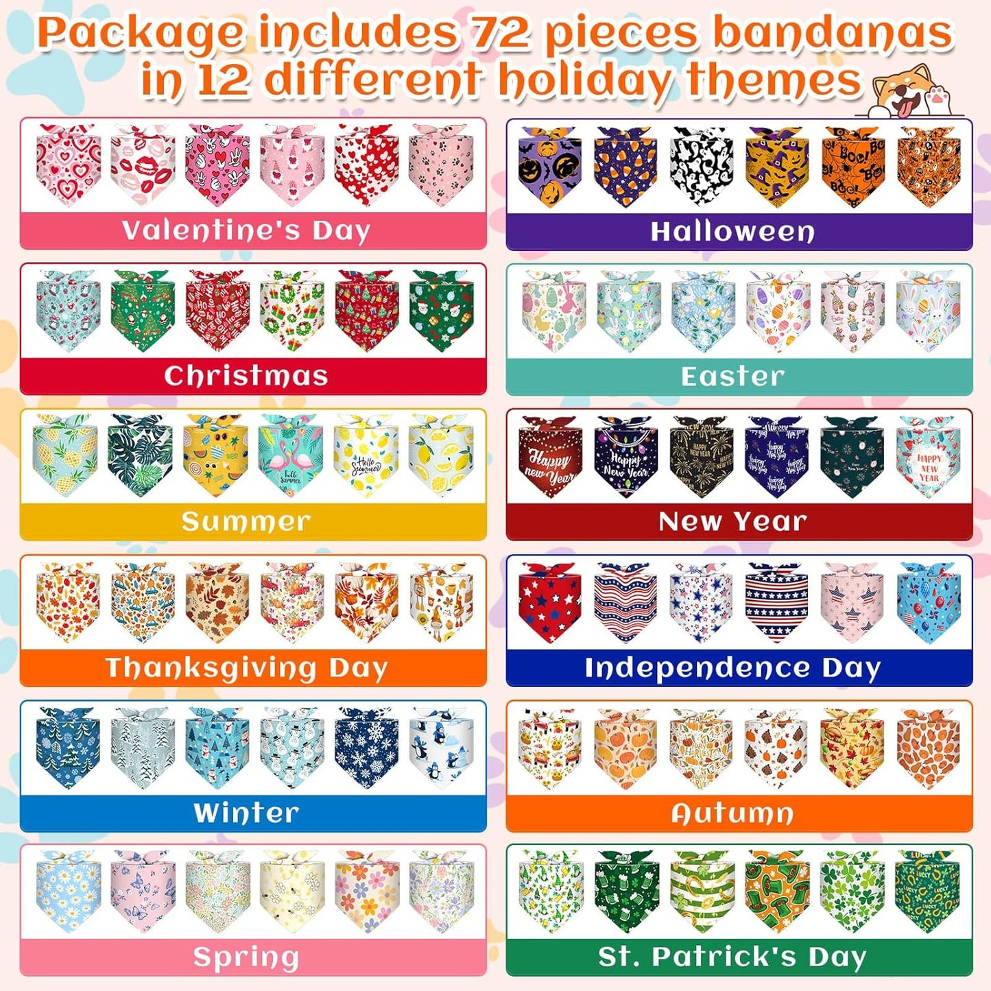 Reginary 72 Packs Holiday Dogs Bandanas Bulk Patriotic Halloween Thanksgiving Christmas New Year Birthday Summer Scarf Bibs Easter St. Patrick's Day Pets Bibs Adjustable Dog Bandana for Pet Costume