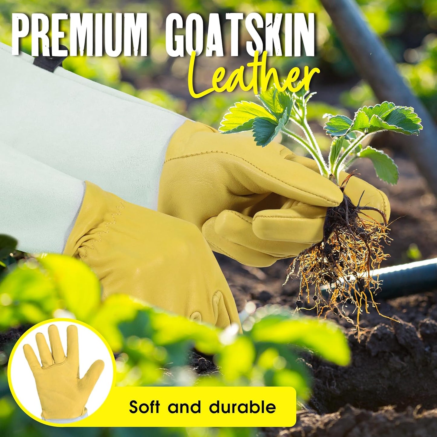 HANDLANDY Rose Gloves for Men & Women, Long Leather Gardening Gloves Thorn Proof, Best Garden Gifts & Tools for Gardener (Yellow-beige, X-Large (Pack of 1))