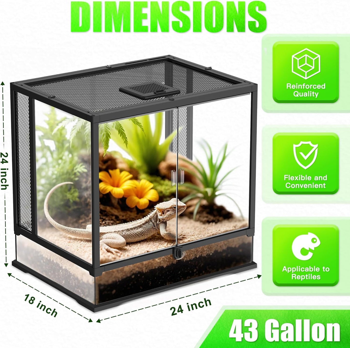 24’’18’’24’’ Reptile Terrarium with Full View Tempered Glass, 43 Gallon Reptile Habitat Comes with Feeding Port and Mesh Top Vent, Suitable for Most Reptiles Such as Chameleon, Lizard and Snake
