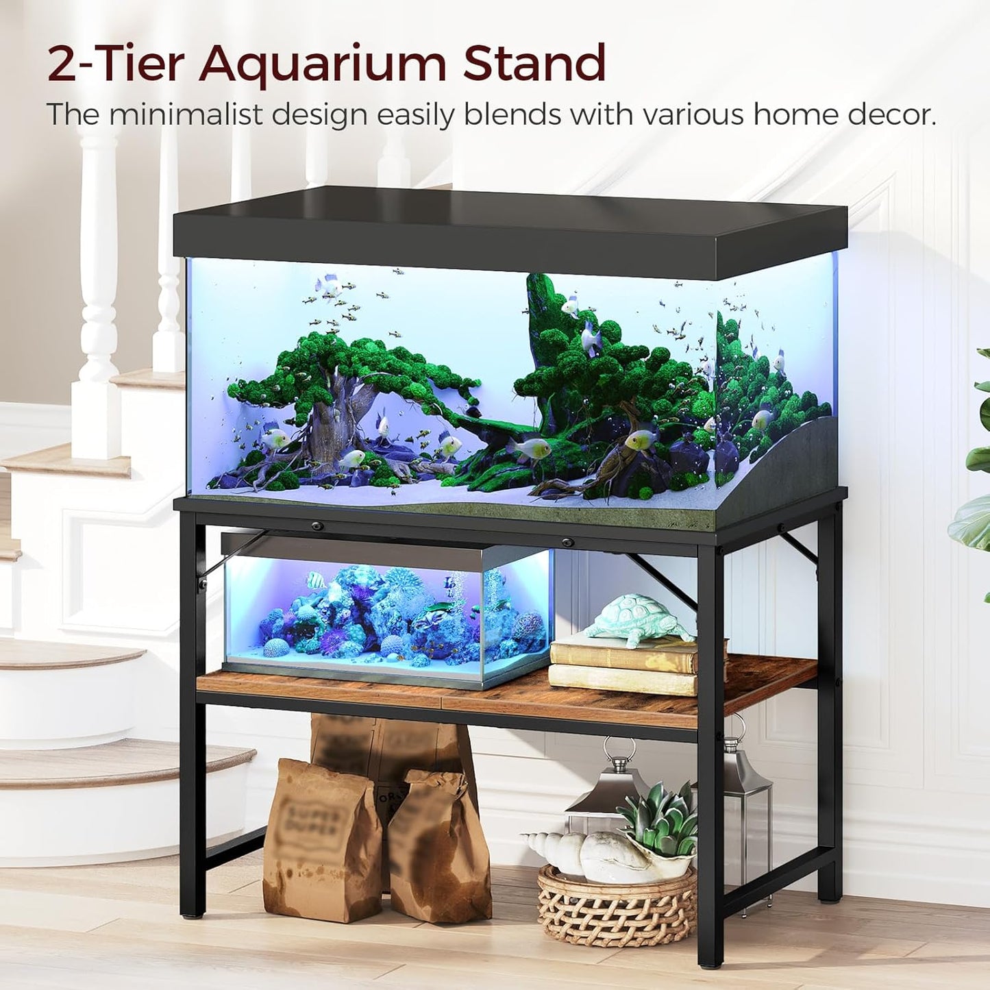 40-50 Gallon Fish Tank Stand, Aquarium Stand with 2-Tier Storage Shelves, Heavy Duty Breeder Turtle Terrarium Stand Rack for Home Office, 36.2" L x 18.9" W x 24.4" H, Rustic Brown FTHR4001