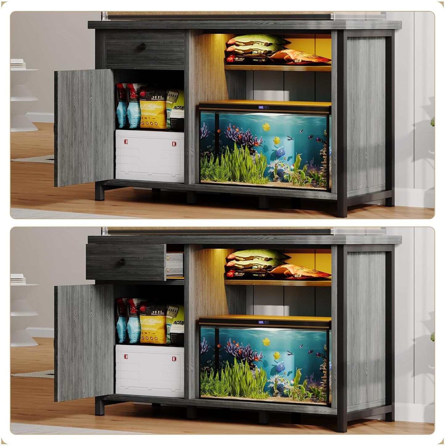 4ever2buy 55 Gallon Fish Tank Stand with LED Light & Power Outlets, 55-75 Gallon Aquarium Stand with Drawer & Barn Door, Cabinet for Fish Tank Accessories Storage for Reptile Tank, Turtle Tank, Gray