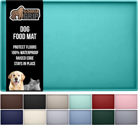 GORILLA GRIP 100% Waterproof Raised Edge BPA Free Silicone Pet Feeding Mat, Dog Cat Food Mats Contain Spills Protects Floors Placemats for Cats and Dogs Water Bowl Pets Accessories 18.5x11.5 Turquoise