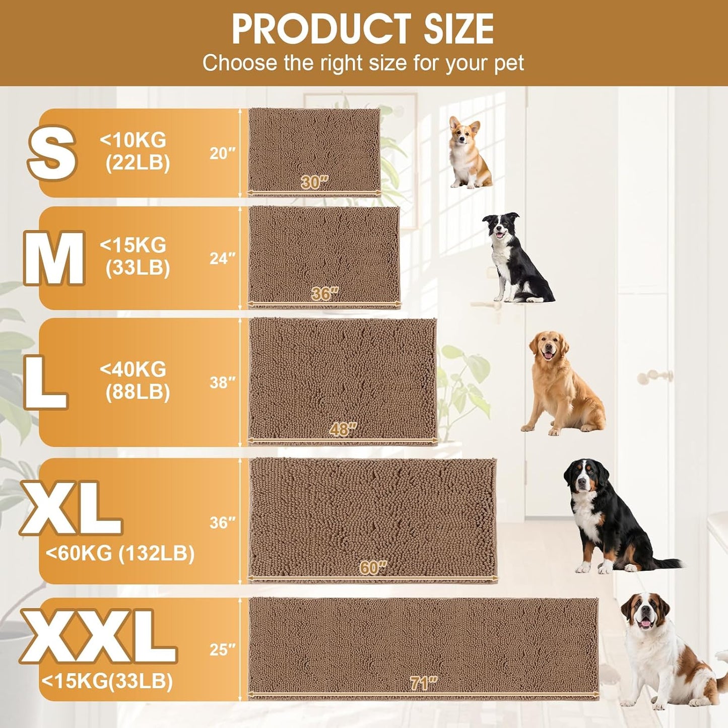 IM HOME Extra Large Dog Door Mats for Muddy Paws, Chenille Absorbent Dog Mats, Non Slip Heavy Mud Mat for Dogs, Soft Pet Mat for Entryway, Mud Paws, Inside Floor,71" x 25", Camel