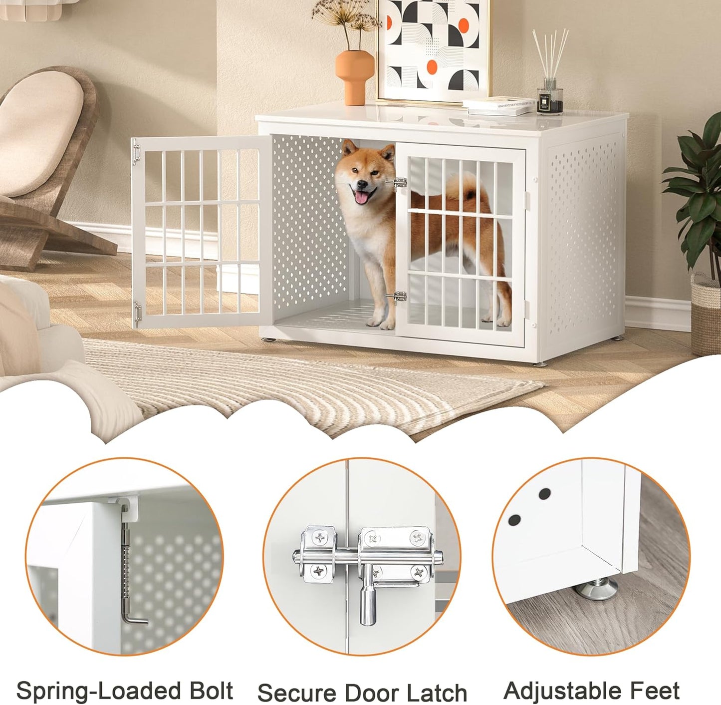 38" Heavy Duty Dog Crate Furniture for Large and Medium Dogs,Wooden Metal Kennel for High Anxiety Dogs, Chew Proof Pet Cage Indoor, Decorative Dog Kennel End Table, White