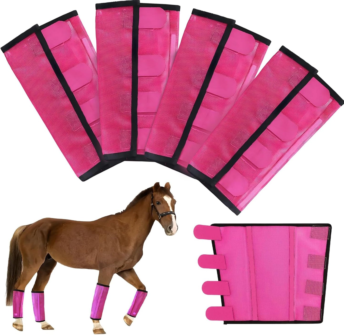 Mesh Horse Fly Boots Set of 4，Adjustable and Universal Loose Fitting & Non-Slip Horse Fly Leggings for Horses,Reduce Stressful Stomping (Pink)
