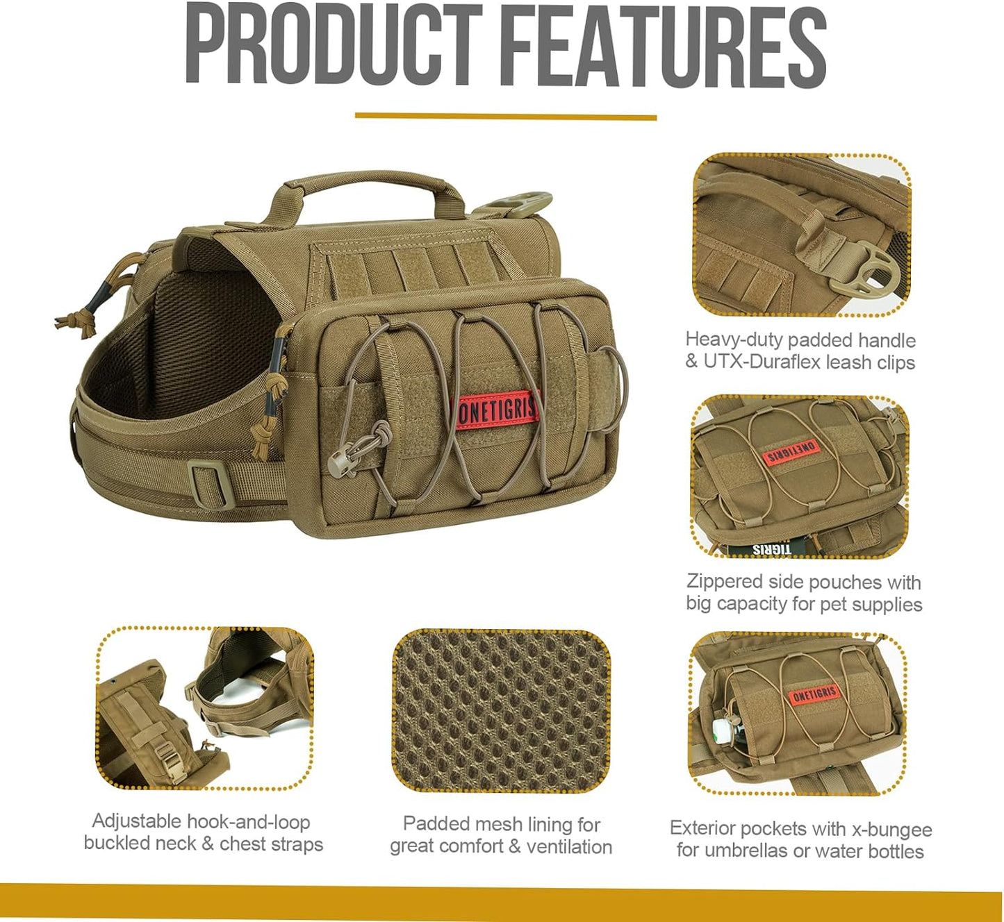 OneTigris Dog Backpack for Medium & Large Dogs, Nylon Backpack for Dogs Tactical Pet Backpack with Side Pockets for Hiking Walking Training Running (Brown, Large)