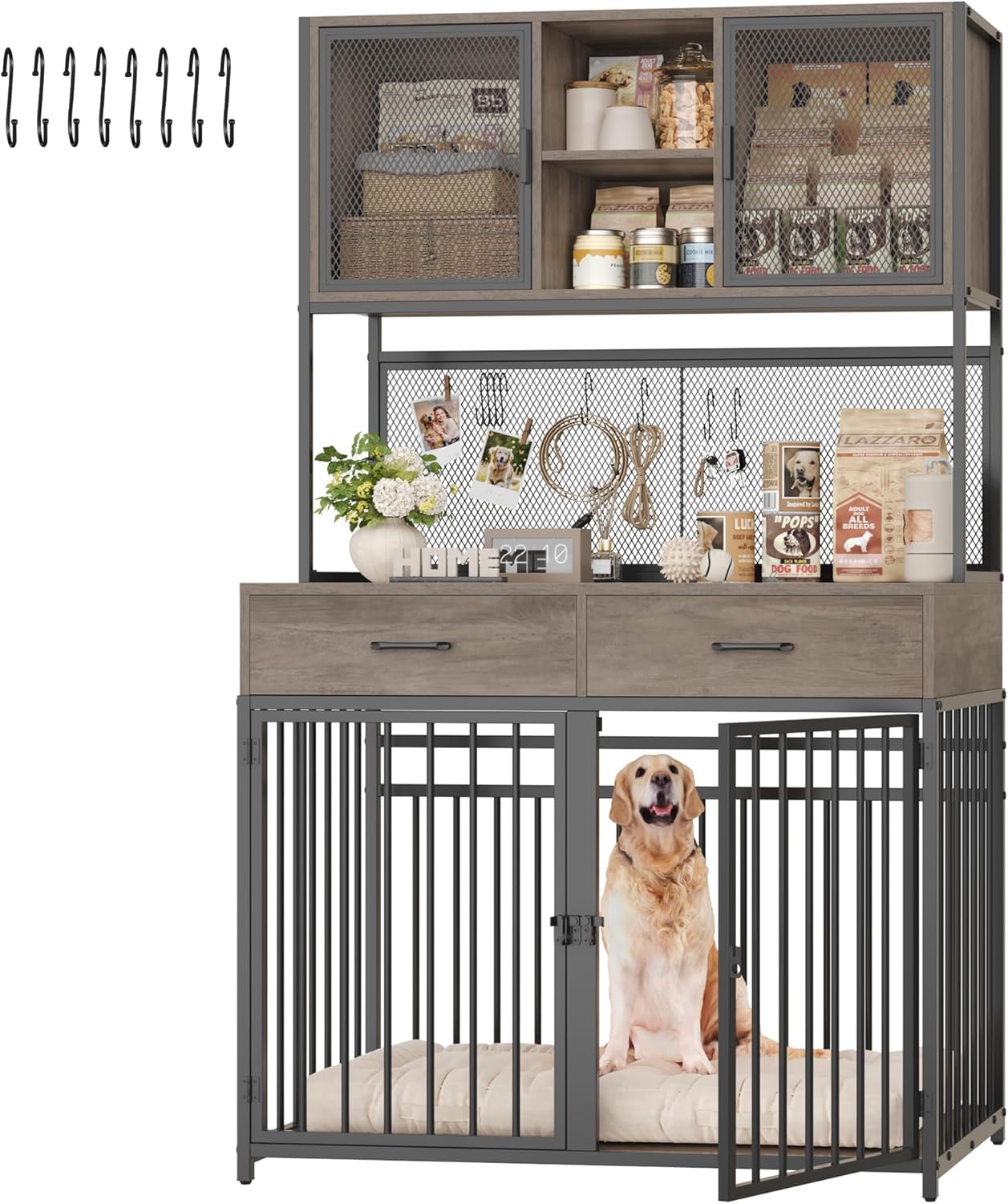 HITHOS 71" Tall Dog Crate Furniture, Indoor Dog Kennel with Hutch, 42" W Dog Cage for Large/Medium Dogs, Wood Dog Crates with 2 Storage Drawers, Heavy Duty Pet House, Ash Grey