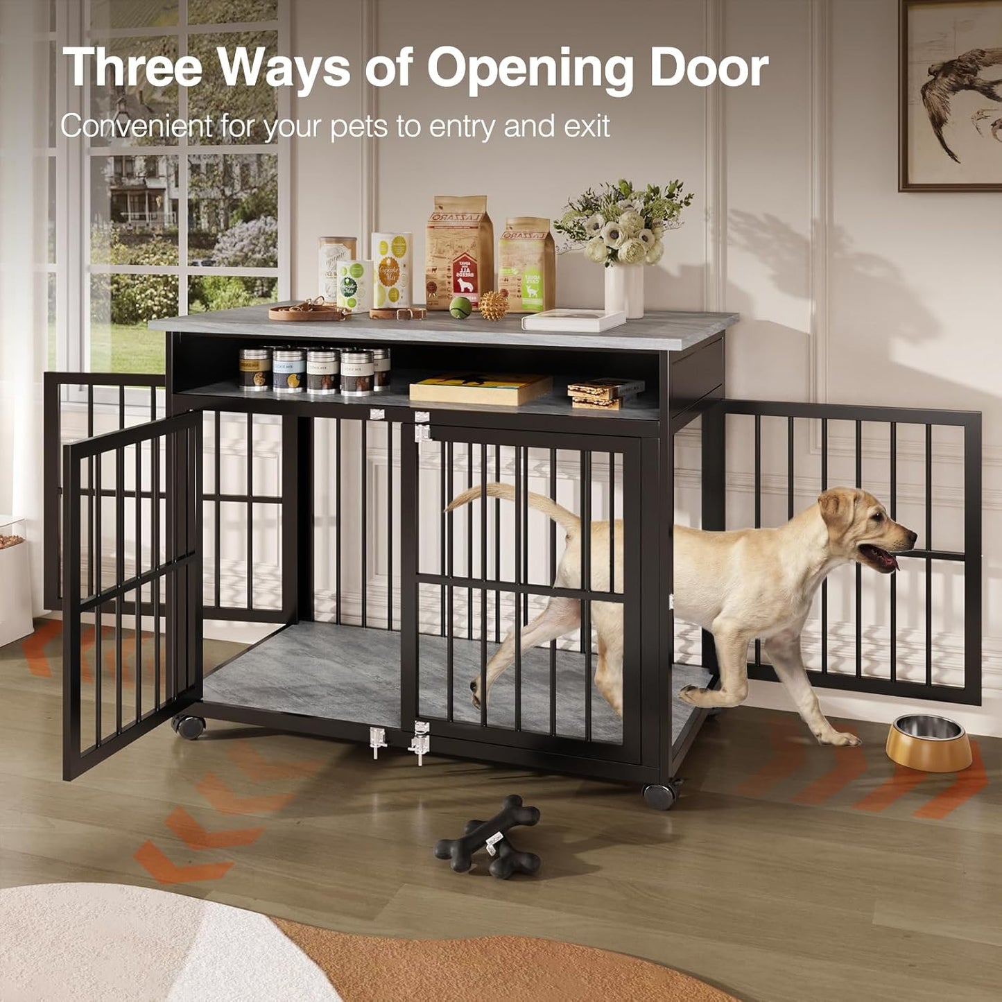 39.4" Dog Crate Furniture for Medium and Large Breed, Dog Kennel Furniture with Storage Shelf & Lockable Wheels, Heavy Duty Wooden End Side Table Pet Cage Indoor, Chew-Resistant, Grey