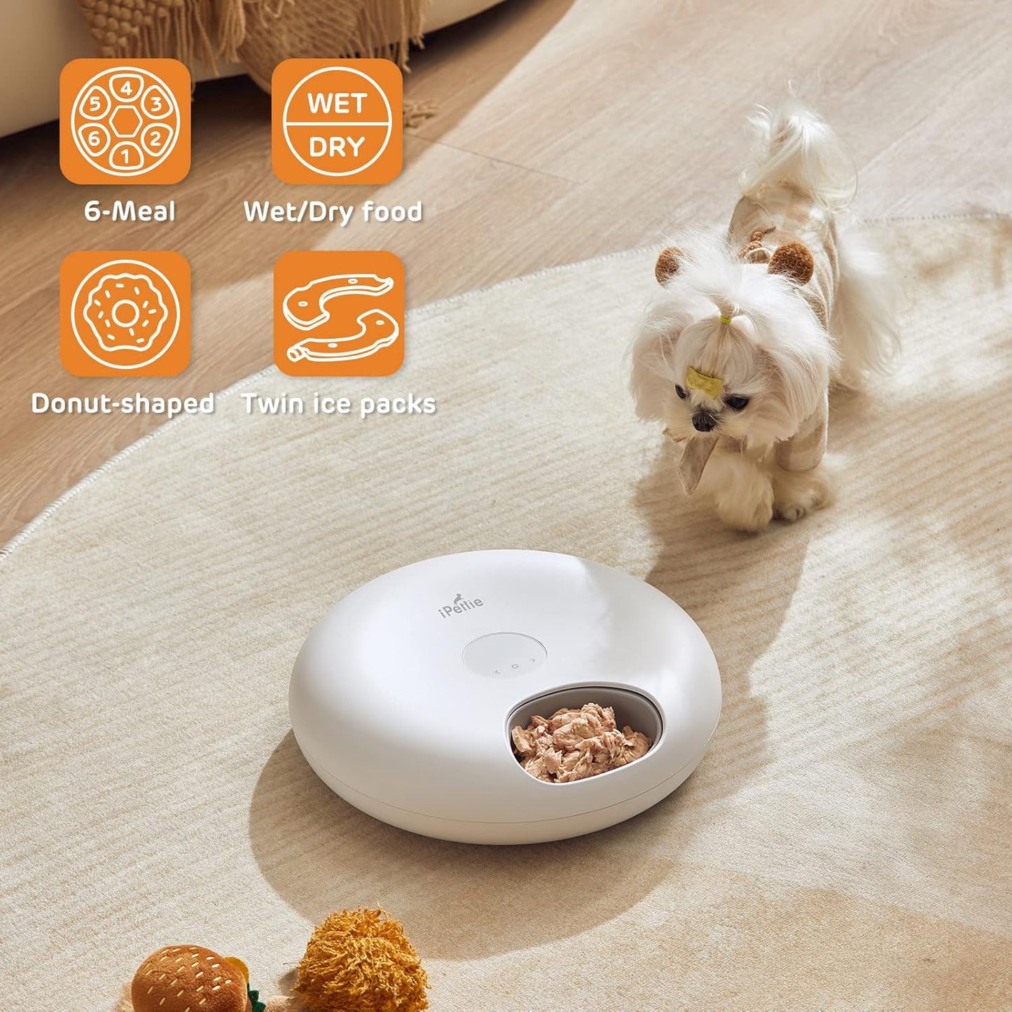 iPettie Donut Frost 6 Meal Cordless Automatic Pet Feeder, Dry & Wet Food Automatic Cat Feeder with Two Ice Packs, Rechargeable Massive Battery, Programmable Timer, Holds 6 x ½ lb. of Food