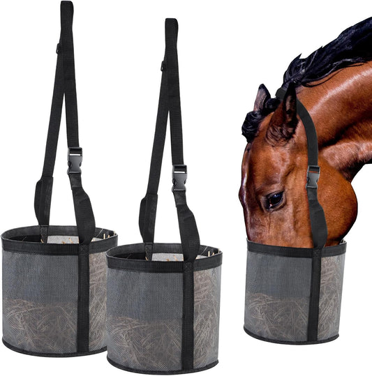 2 Pcs Horses Feed Horse Bag for Grain Hay Bags Heavy Duty Mesh Horse Feeder with Adjustable Strap Comfort Neck Pad Nose Pad and Waterproof Bottom Muzzle(Gray)
