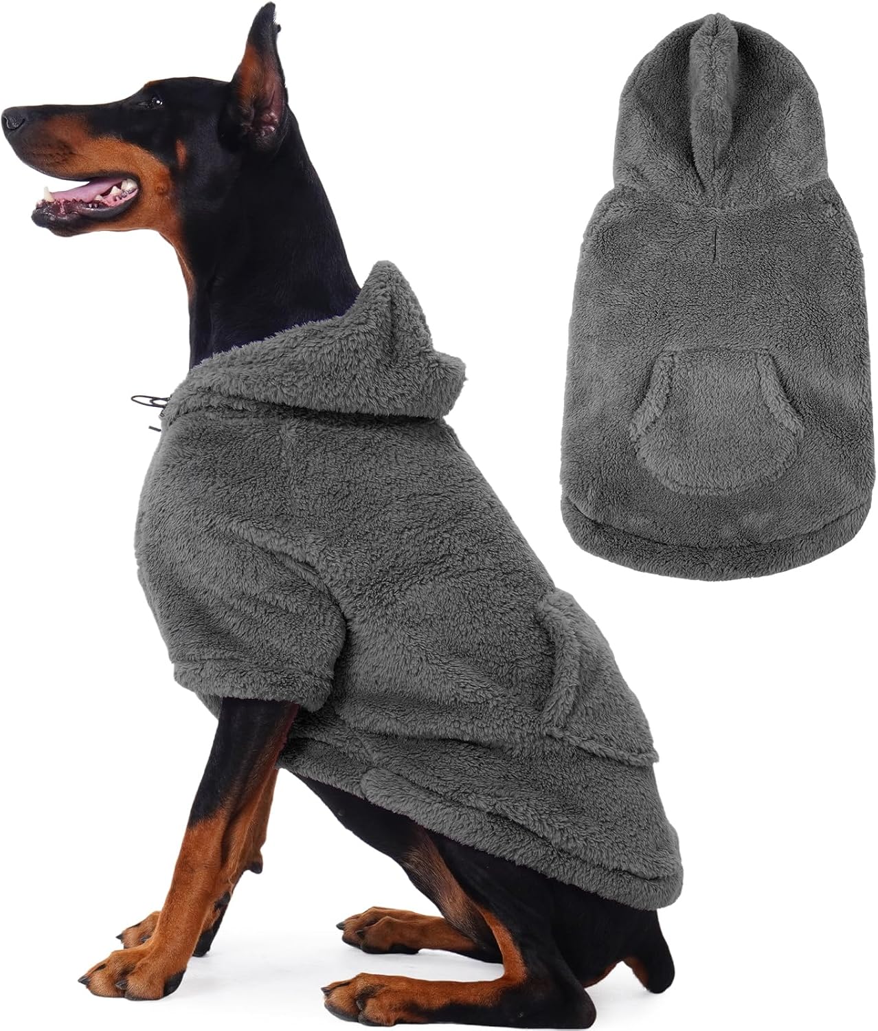 IDOMIK Fuzzy Dog Sweater with Adjustable Hood, Warm Fleece Dog Sweater Hoodie with Harness Hole & Pocket, Pullover Sweaters for Large Dogs, Fuzzy Hooded Sweatshirt for Fall Winter Christmas,Grey,2XL
