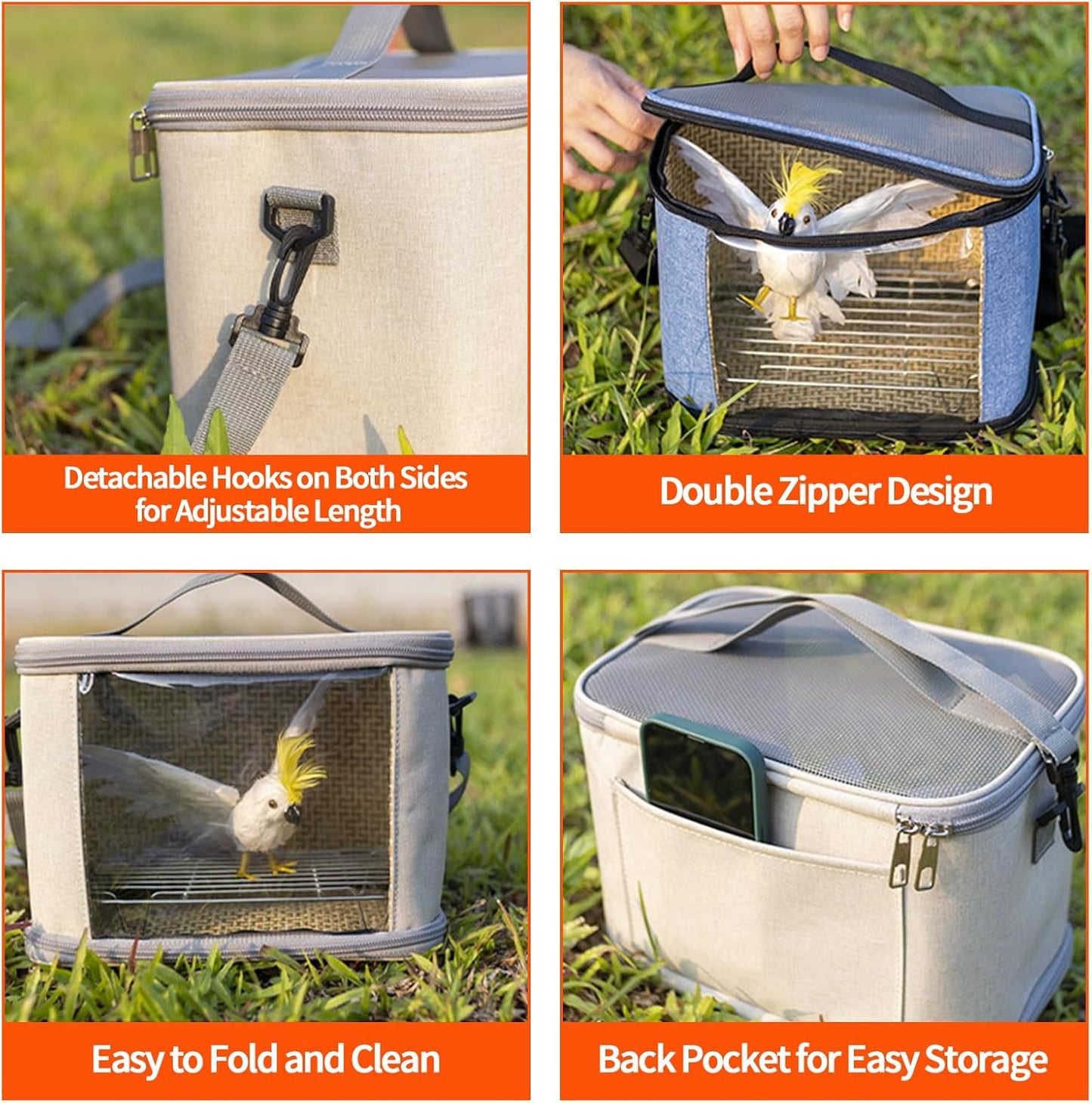 Bird Travel Carrierm, Small Bird Travel Backpack Carrier Cage with Tray and Breathable Clear Window, for Parakeet Cockatiel Budgies, for Camping Hiking (Large-Pink)