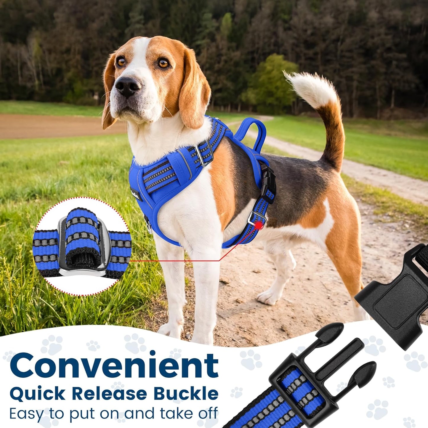 Funfox Dog Harness No Pull, Adjustable Pet Vest Harness, Super Soft Material with Vertical Handle Easy Control, Reflective Night Walking, 2 Leash Clips for Large Dogs, Blue, L