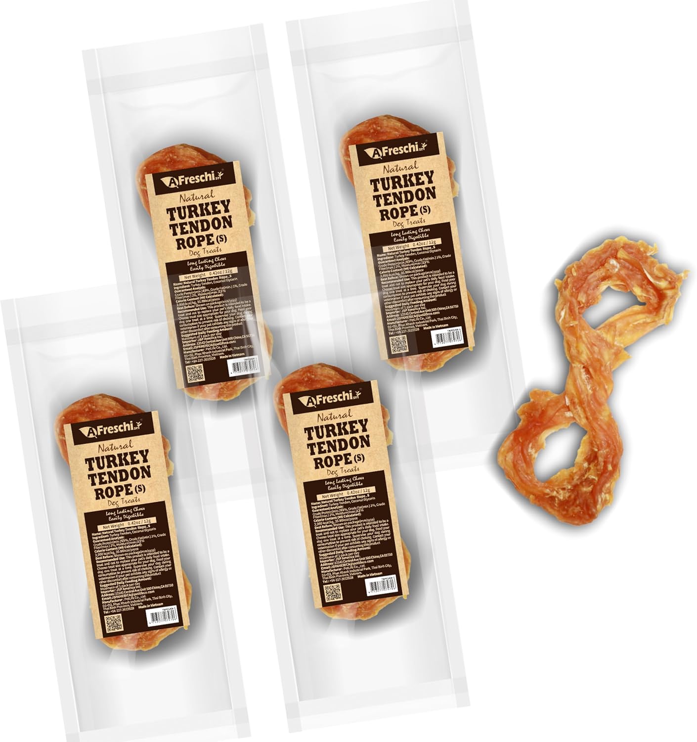 AFreschi Turkey Tendons for Dogs, USA-Sourced, Healthy Dog Treats, Rawhide-Free Puppy Chews, Long Lasting, All Natural, Hypoallergenic Dog Treats for Small Breeds, 4 Count Pack Rope (S)