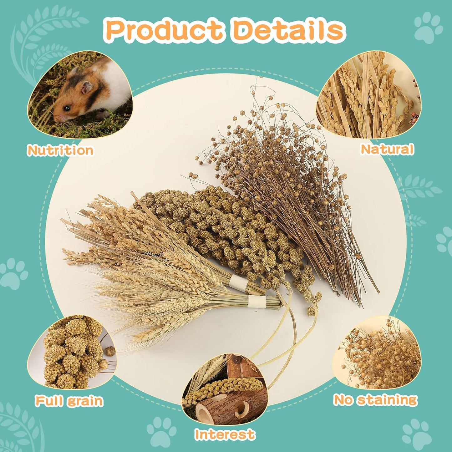 Hamster Spray Set - Natural Snack Grains & Chew Toys for Cage Decoration Accessories, Soft Bedding for Dwarf Syrian Hamsters, Gerbils, Mice & Small Pets