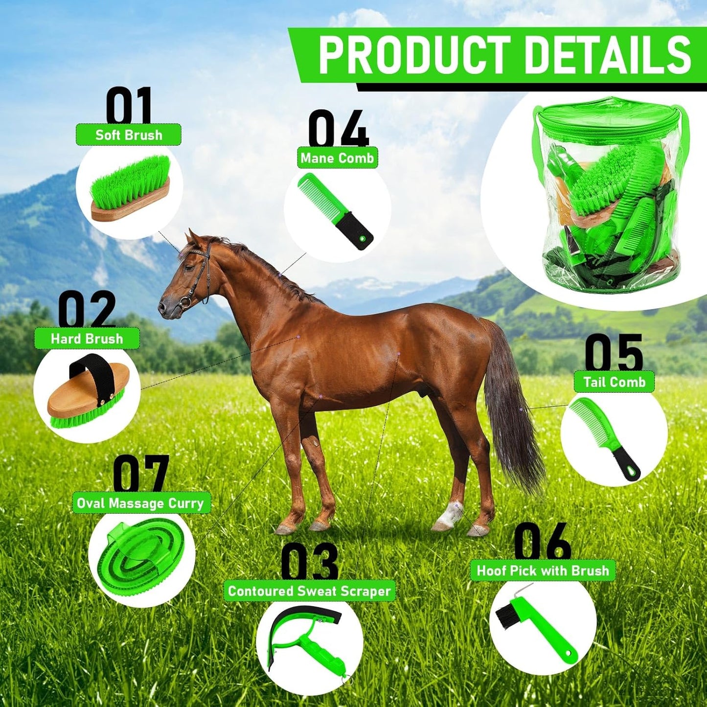 9 Pieces Horse Grooming Kit Tack Room Supplies Set with Organizer Tote Bag, Oval Massage Curry, Hard and Soft Brush, Hoof Pick, Sweat Scraper, Bathing Sponge, Combs for Horse Riders Beginners (Green)