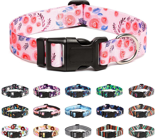 Mercano Adjustable Dog Collar - Special Design Patterns, Soft Nylon Comfortable Durable Pet Collar for Small Medium Large Dogs (S, Rose)