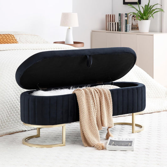 50" Sherpa Storage Ottoman Bench – Velvet Upholstered Bedroom Bench with Golden Metal Legs, Lift-Top Hidden Storage, Modern Footrest for Living Room, Entryway, Bed End (Black)