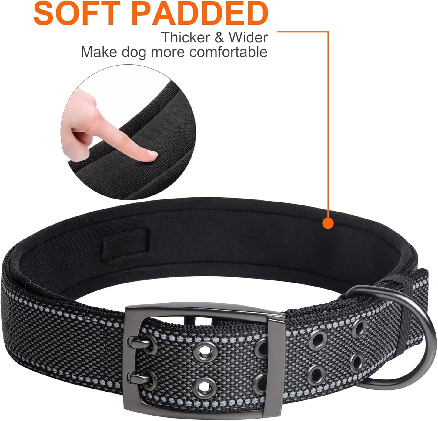 Fida Heavy Duty Dog Collar 1.5” Width, Ultra Soft Neoprene Padded, Adjustable Reflective Nylon Pet Collar with Two Metal Pin Belt Buckle for Large/X-Large Breeds (XL, Black)