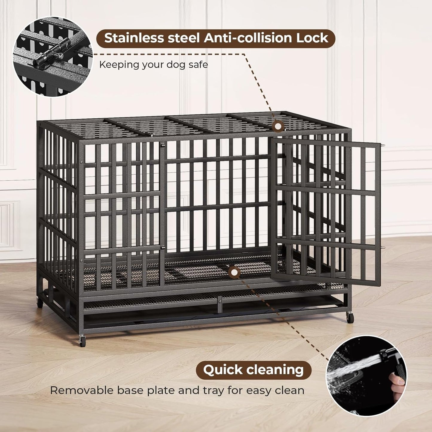 48 Inch Heavy Duty Indestructible Dog Crate Steel Escape Proof, Indoor Double Door High Anxiety Cage, Kennel with Wheels, Removable Tray, Extra Large XL XXL