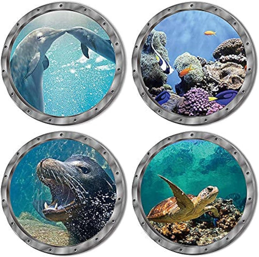4 PCS Removable 3D Under The Sea Nature Scenery Wall Decals - Animals Wall Sticker Home Wall Art Decor for Bathroom Bedroom Door Kids Baby Nursery Room - Includes Turtles, Dolphins, Sea Lions, Coral