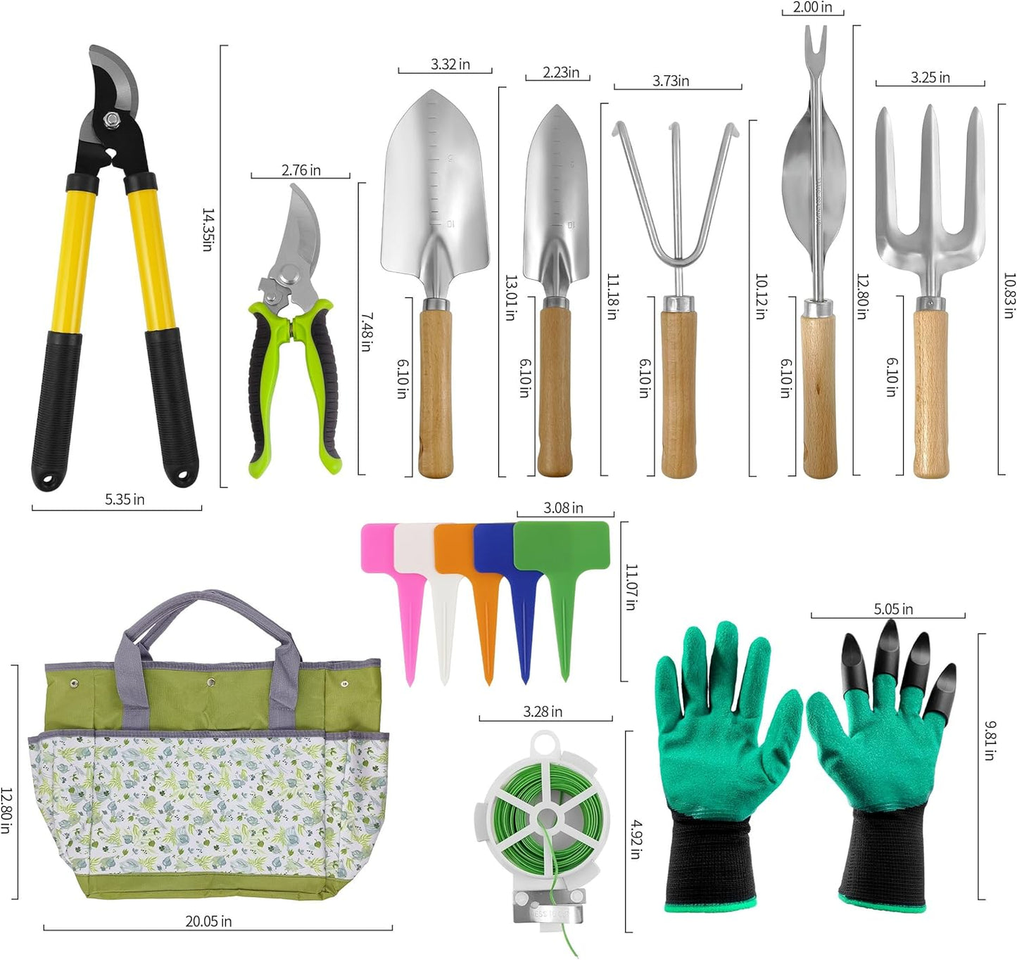 41-Piece Premium Gardening Tool Set, Stainless Steel Heavy Duty Gardening Tool Kit, with Non-Slip Rubber Grip, Storage Tote Bag, Outdoor Hand Tools, Ideal Gardening Gifts for All (Green)