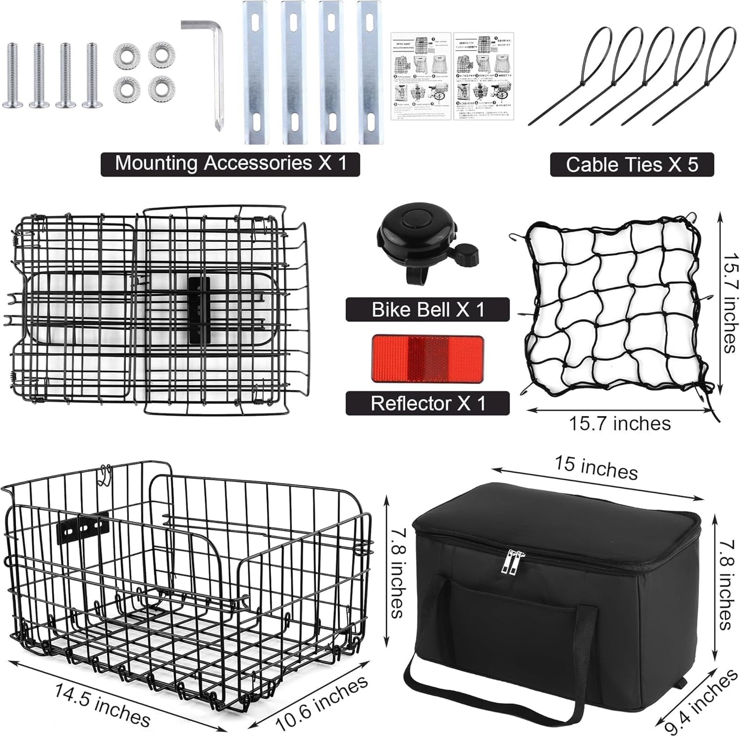 Aodaer Bike Basket with Removable Liner Bag Cargo Net Large Folding Bike Basket Quick Release Metal Ebike Basket Bicycle Storage Basket for Carrying Fruit & Grocery Pets Dogs