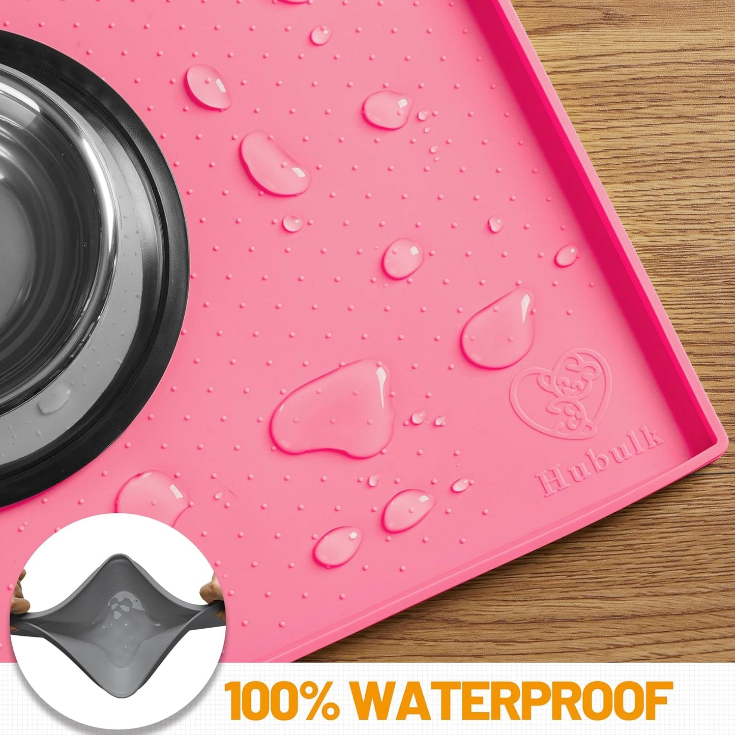 Hubulk Dog Feeding Mat,100% Waterproof Food Grade Silicone Pet Food and Water Bowl Placemat,Dishwasher, High Raised Edge to Prevent Spills,Nonslip Tray to Stop Messes on Floor（28"x18"x0.8", Pink）