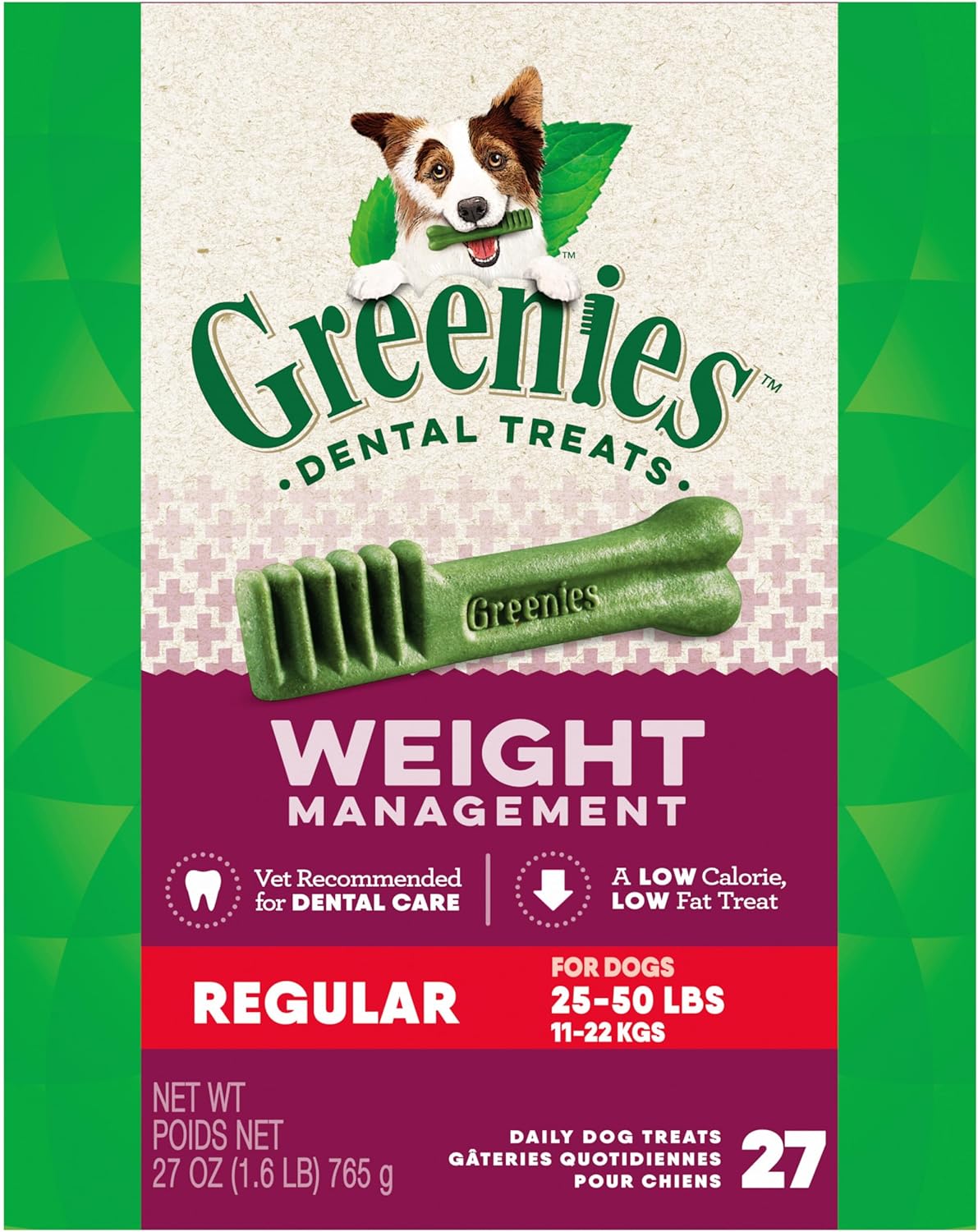 Greenies Weight Management Regular Dog Dental Chews Weight Control Dog Treats, 27 oz. Pack (27 Treats)