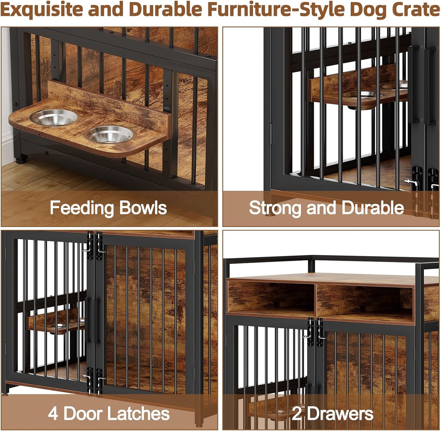 Furniture Style Dog Crate with Storage, 48 Inch Dog Crate Furniture with Double Doors, 2 Stainless Steel Bowls, Dog Crate Furniture-Style Crate for Large/Medium Dog