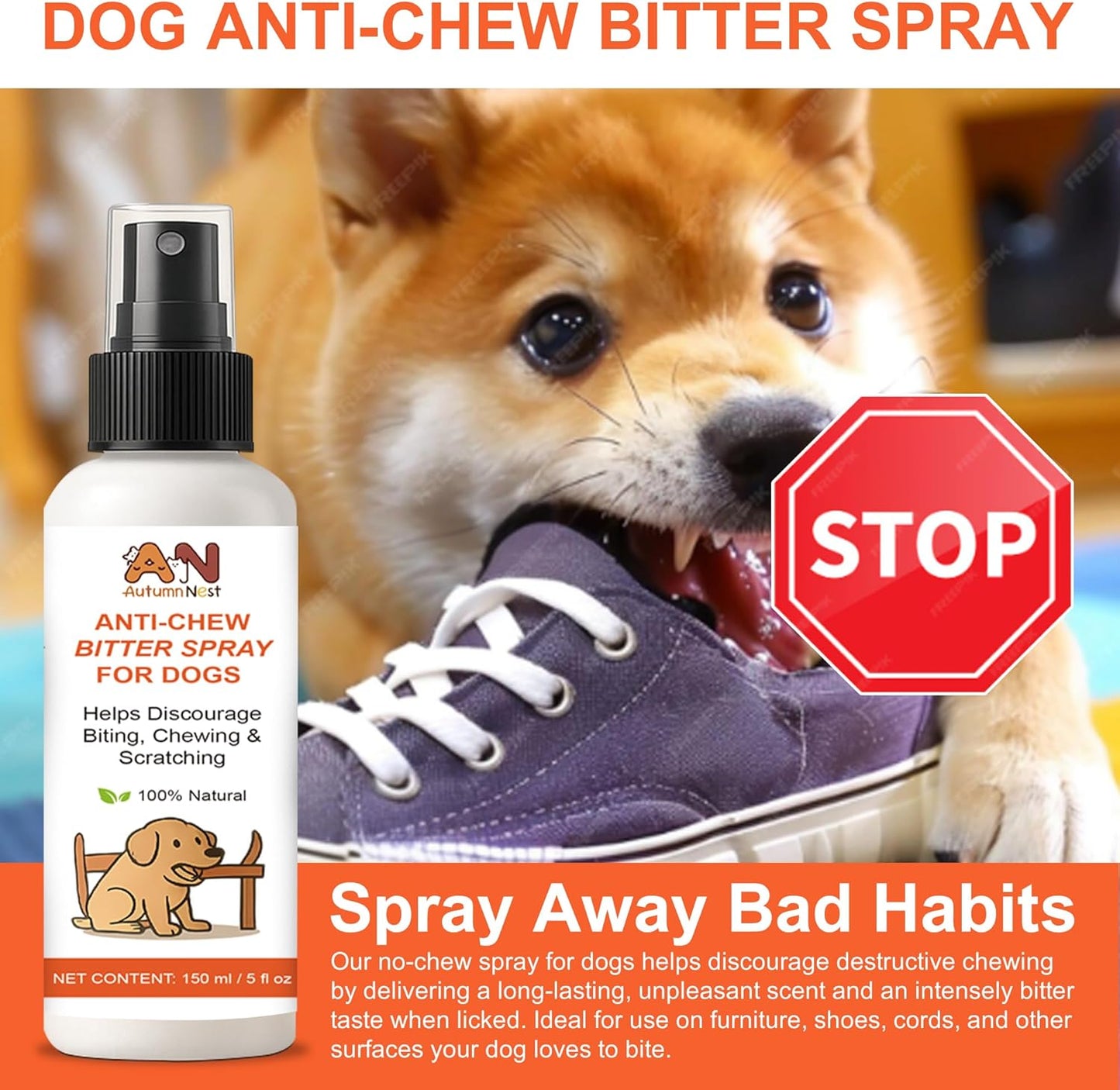 Anti-Chew & No-Go Dog Spray – 150ml Large Bottle – Helps Deter Chewing, Biting & Scratching – Safe for Furniture, Shoes & Carpets – Natural Bitter Formula for Dogs & Puppies