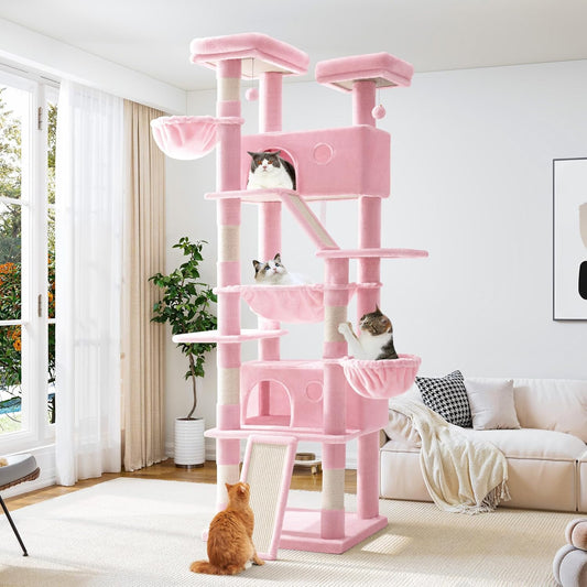 Allewie 81 Inches Tall Cat Tree/Multi-Level Large Climbing Tree House and Towers for Big Feline/Condo and Hammock/Scratching Post/Wide Base/Pink