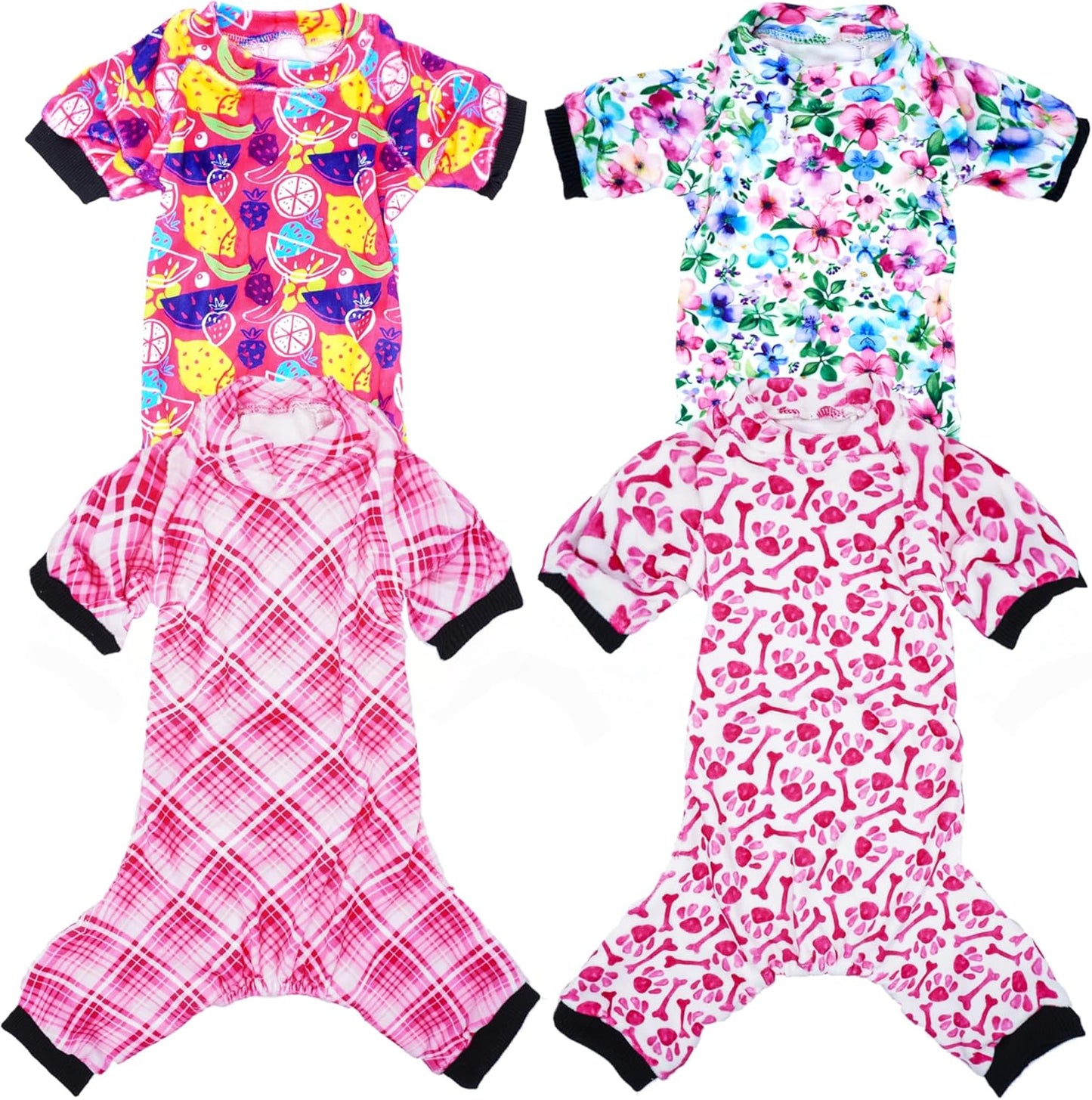 PET SHOW 4 Pack Small Dog Pajamas Cute Paw Bone Clothes for Medium Dogs Soft Stretchy PJs Plaid Jumpsuit Puppy Cats Floral Fruits Onesies Outfits with Sleeve Pets Dachshund Costume(M, Pink for Girls)