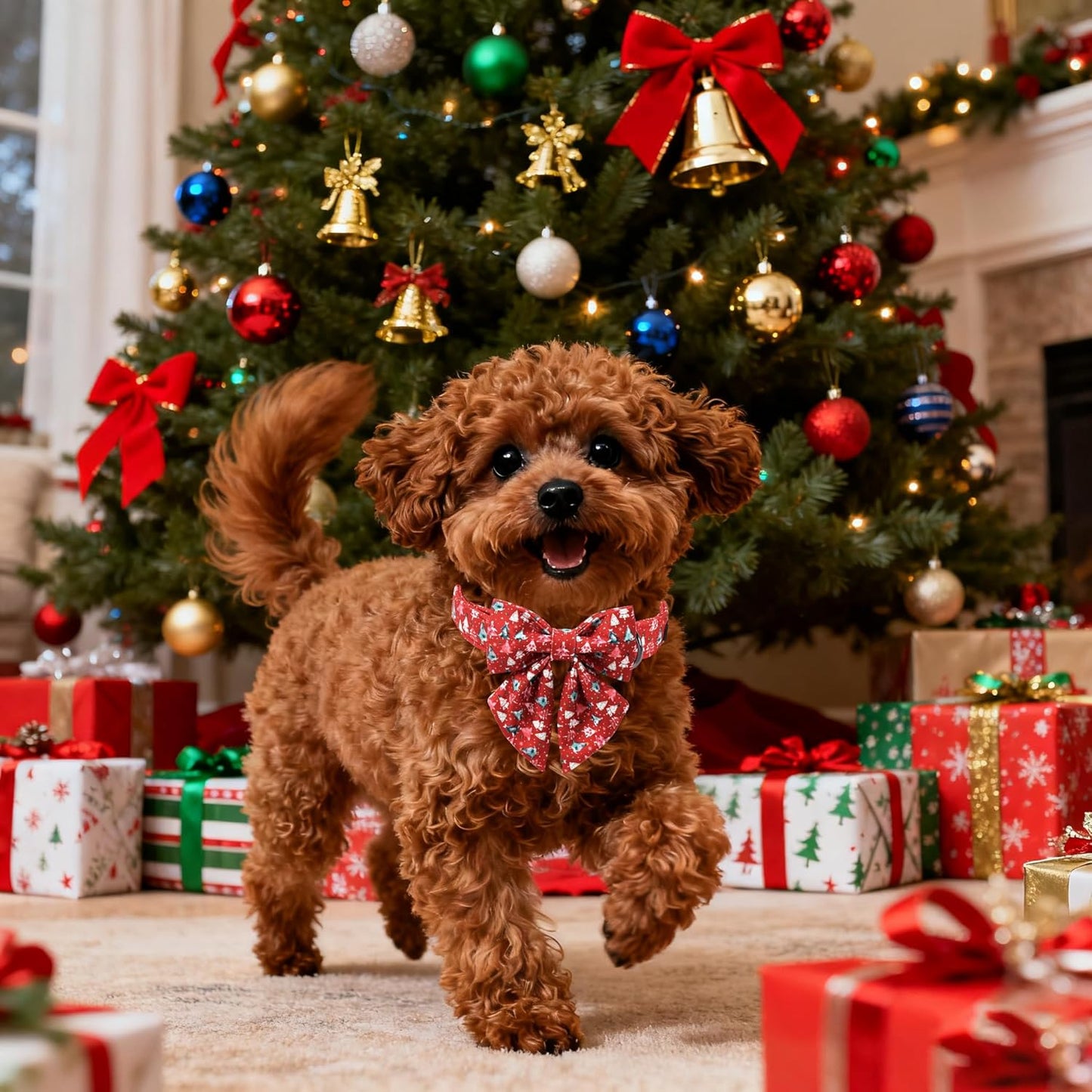 Lionet Paws Christmas Dog Collar with Sailor Bow, Cute Christmas Tree Red Dog Collar Bow Tie for Dogs, Medium, Neck 13.5-22 inches