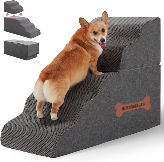 5-Step Spliceable Pet Stairs: Indoor& Outdoor Multi-Use with a Removable Cover and a Pocket, Best for Small Pets and Older Dogs Who Has Spine and Arthritis Issues to Get on High Beds, Grey（22.8" H