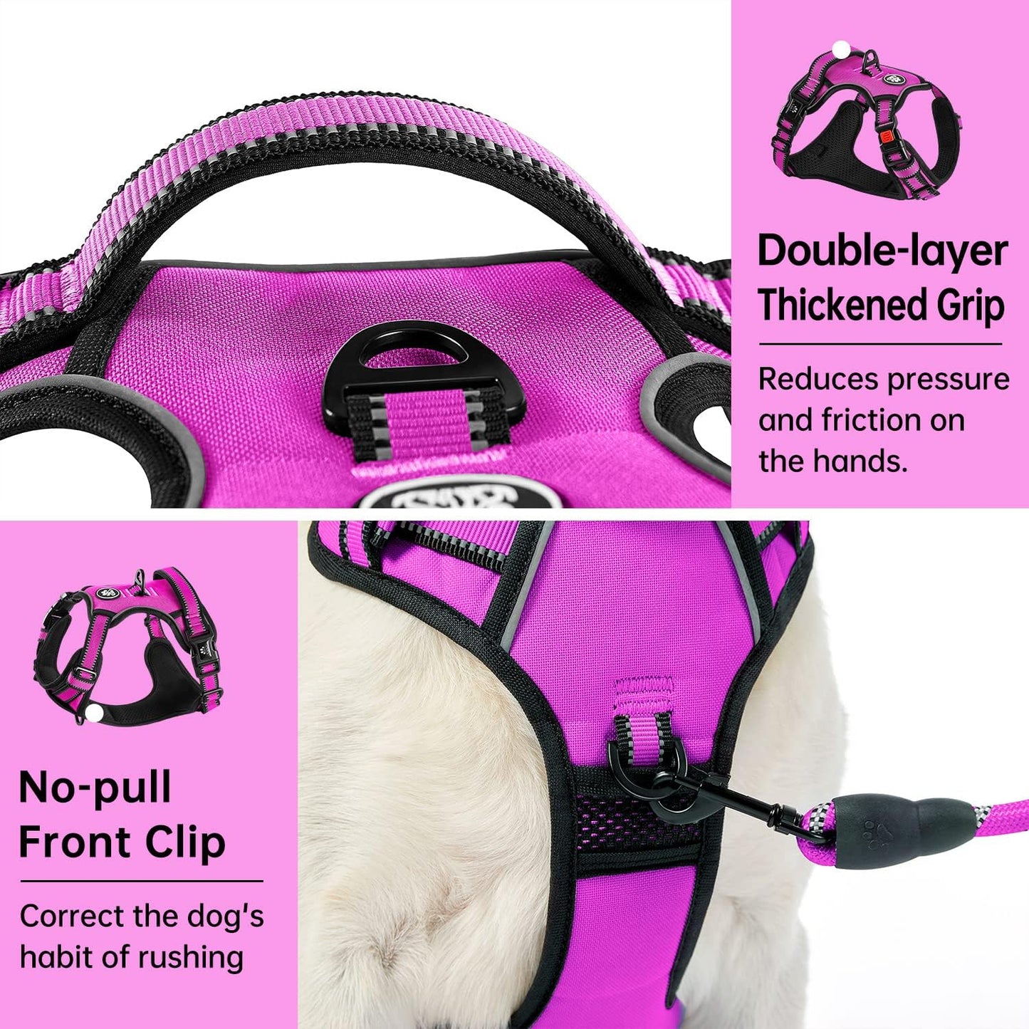 IVY&LANE No Pull Dog Harness for Medium Dogs,Dog Vest Harness with Leash,Safety Belt and Storage Strap, Fully Adjustable Harness,360° Reflective Strip,Soft Handle (Fuchsia Pink,M)