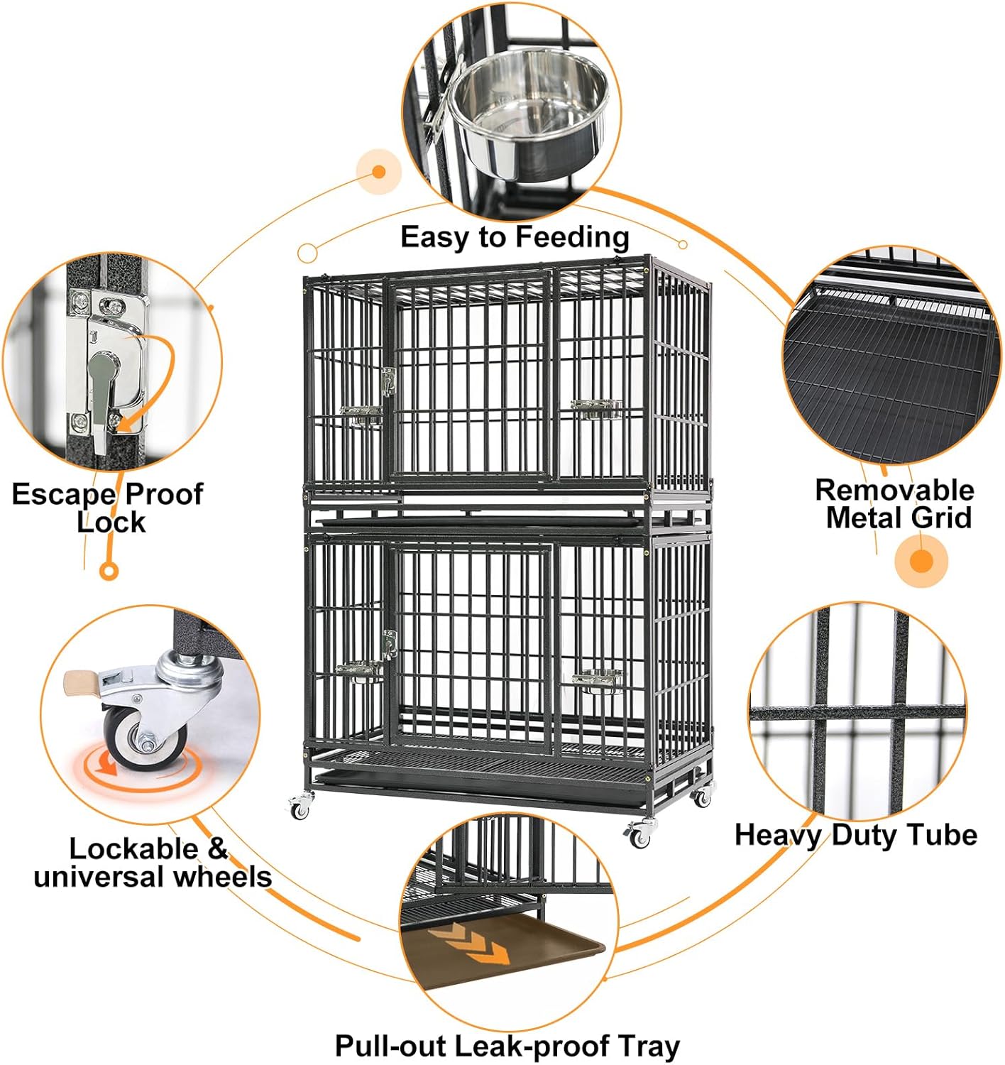Homey Pet 37 Inch Stackable Heavy Duty Dog Crate Cage Kennel with Feeding Bowls, Lockable Wheels and Removable Tray, Escape Proof Wire Drop Dog Crates for Medium Dogs (Two Tiers)